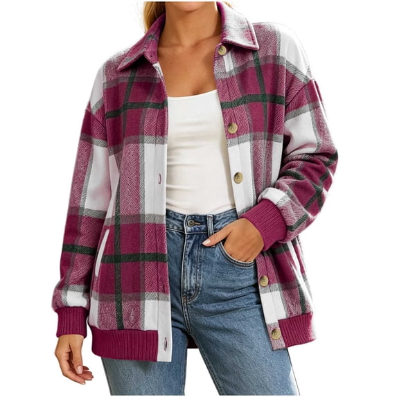 Perfectbot Women's Plaid Shacket, Button Down Shirt Jacket with Ribbed Hem, Relaxed Fit Fall Outerwear