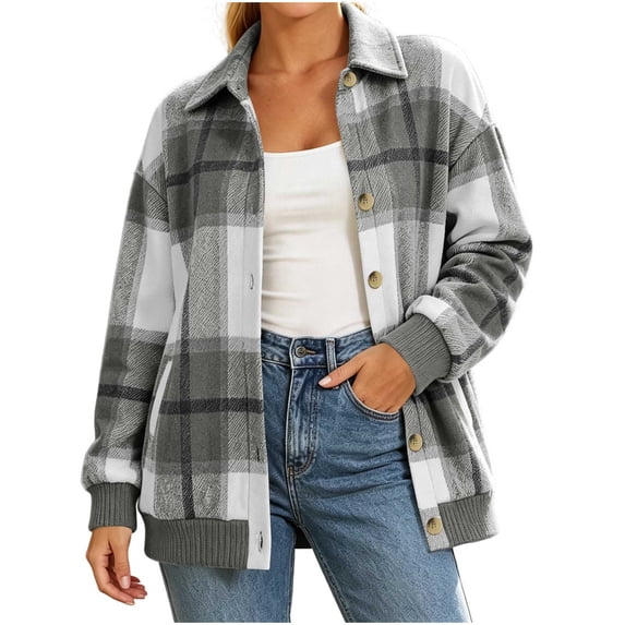 Perfectbot Women's Plaid Shacket, Button Down Shirt Jacket with Ribbed Hem, Relaxed Fit Fall Outerwear