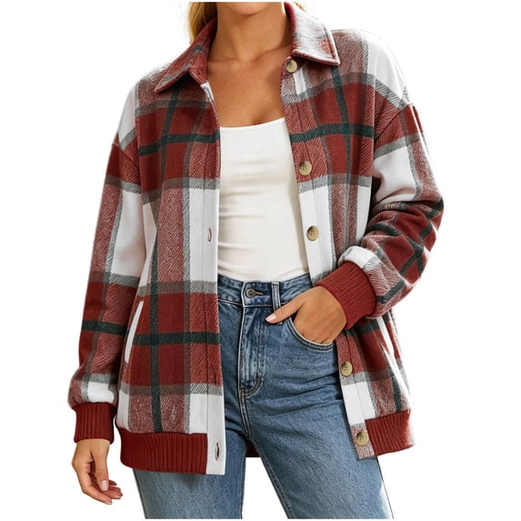 Perfectbot Women's Plaid Shacket, Button Down Shirt Jacket with Ribbed Hem, Relaxed Fit Fall Outerwear