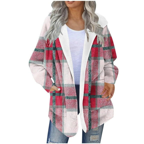 Perfectbot Women's Plaid Shacket Jacket Fleece Lined Hoodies, Casual Flannel Shirt Coat with Pockets, Warm Fall Winter Outerwear