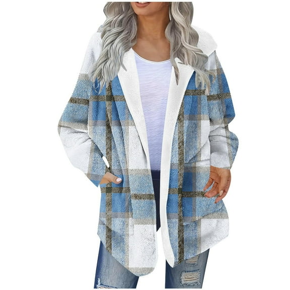 Perfectbot Women's Plaid Shacket Jacket Fleece Lined Hoodies, Casual Flannel Shirt Coat with Pockets, Warm Fall Winter Outerwear