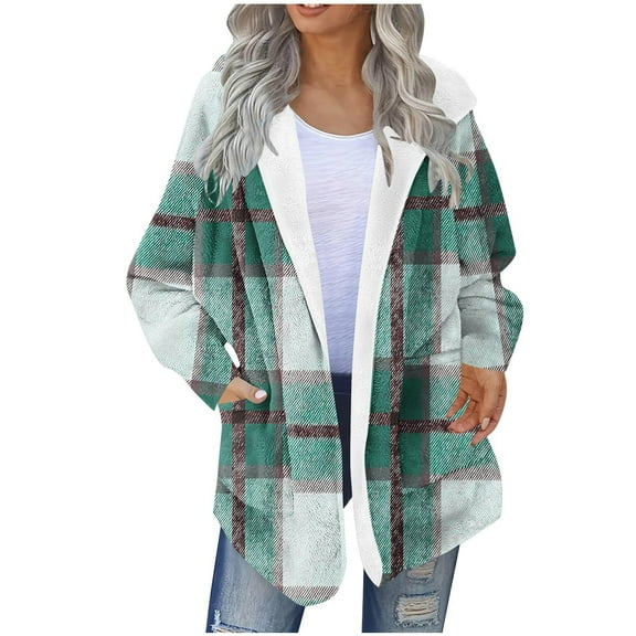 Perfectbot Women's Plaid Shacket Jacket Fleece Lined Hoodies, Casual Flannel Shirt Coat with Pockets, Warm Fall Winter Outerwear