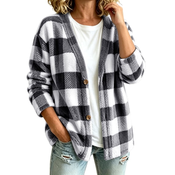 Perfectbot Women's Plaid Soft Fleece Cardigan Jacket Button Down Fuzzy Sherpa Warm Outerwear for Fall & Winter
