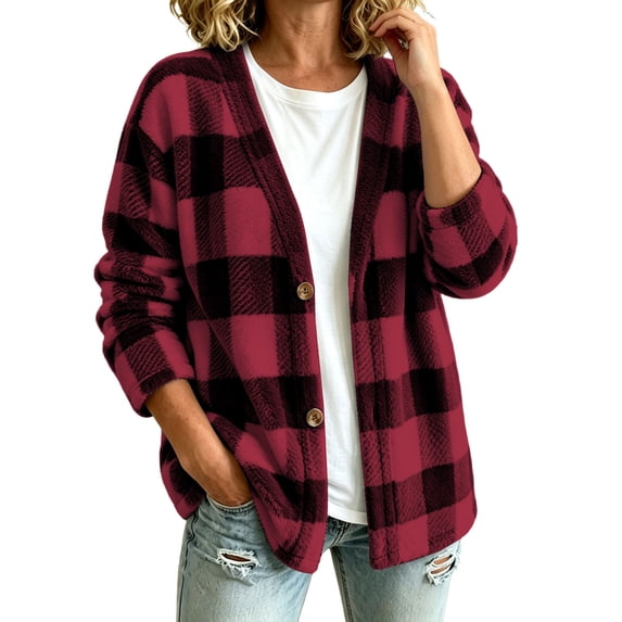 Perfectbot Women's Plaid Soft Fleece Cardigan Jacket Button Down Fuzzy Sherpa Warm Outerwear for Fall & Winter