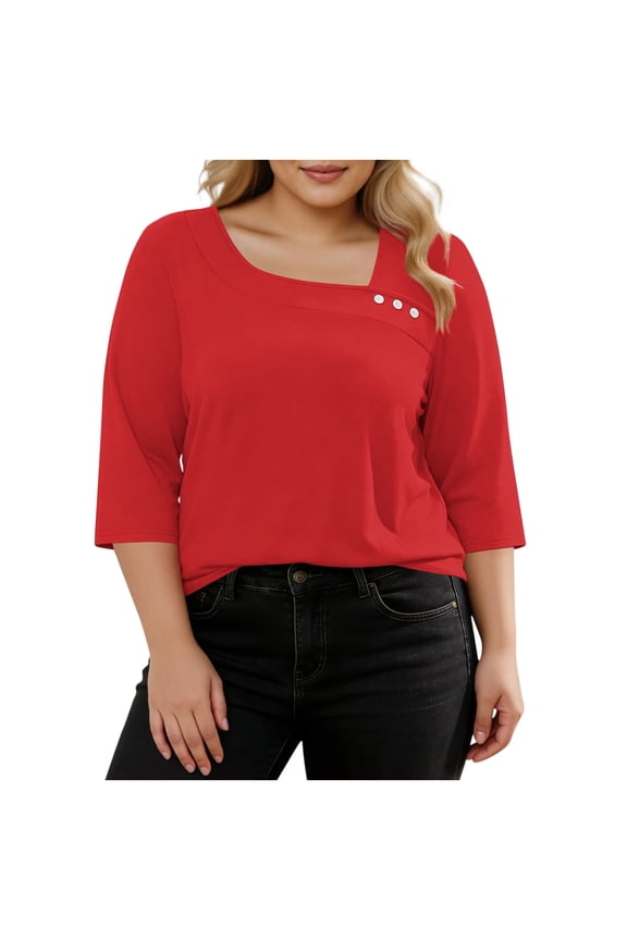 Women's Plus Size 3/4 Sleeve Tops, Asymmetrical Neck T-Shirt with Decorative Buttons, Sizes L-5X