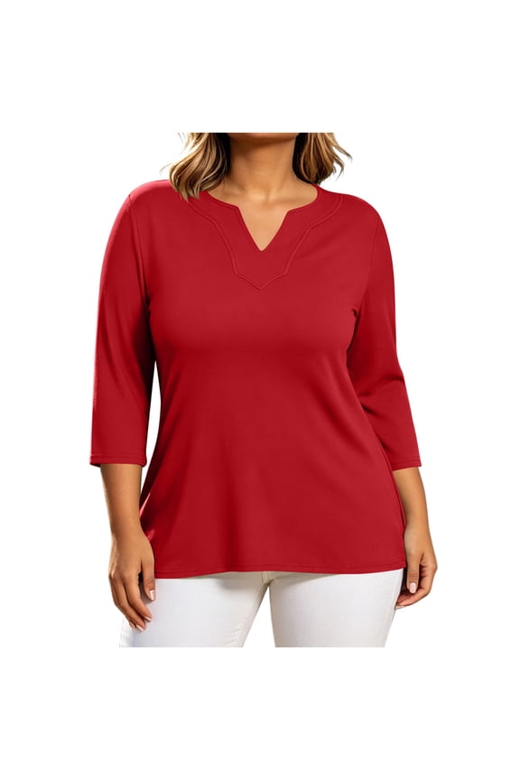 Women's Plus Size 3/4 Sleeve V-Neck Tee Casual Solid Color T-Shirt Sizes L-5X