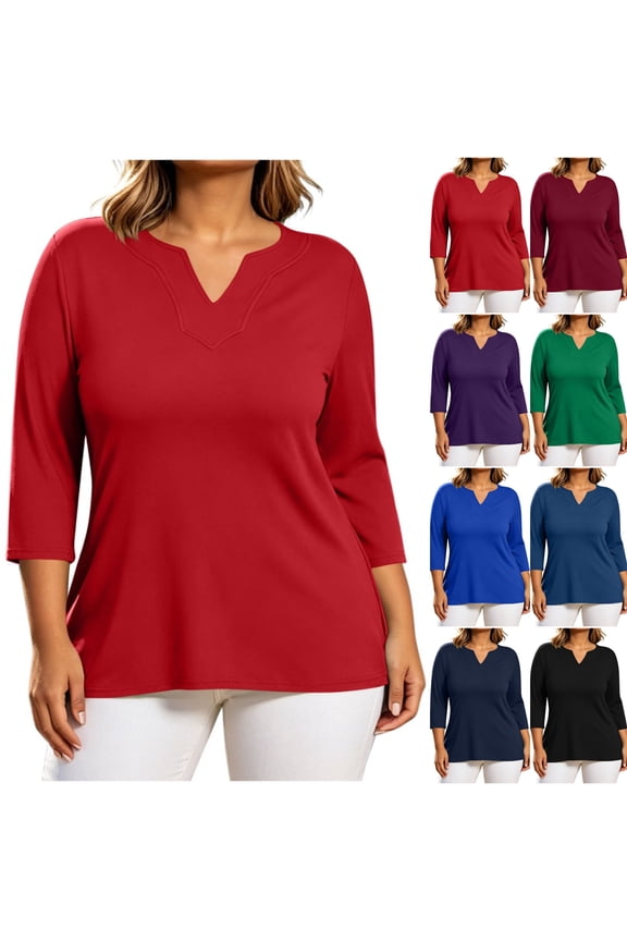 Women's Plus Size 3/4 Sleeve V-Neck Tee Casual Solid Color T-Shirt Sizes L-5X