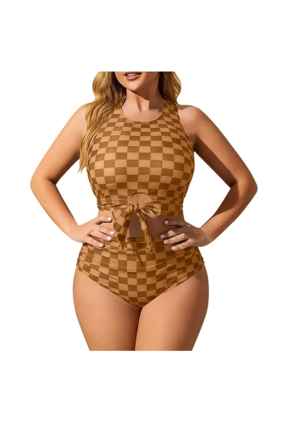 Women's Plus Size Bikini Set, Plaid Checkered High Waisted Swimsuit with Cut Out Bow Tie Detail