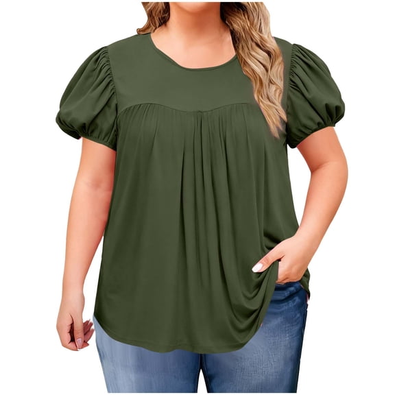 Perfectbot Women's Plus Size Crew Neck Tops Short Puff Sleeve Peplum Casual Summer Tunic Blouses 1X-4X
