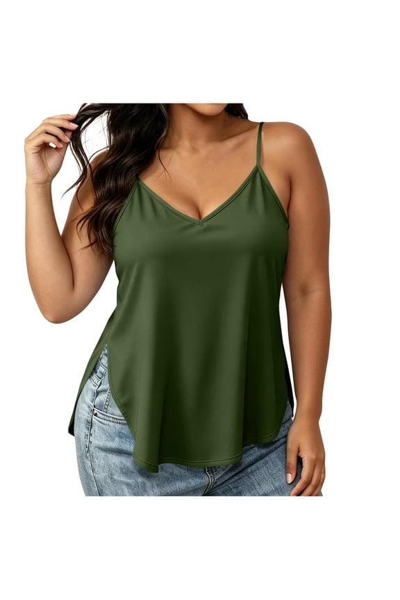 Women's Plus Size Flowy V-Neck Cami, Curved Hem Sleeveless Tank with Side Slit & Adjustable Straps