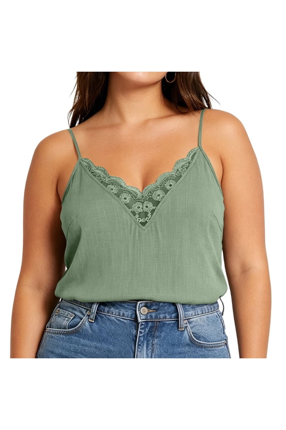 Women's Plus Size Lace Trim V-Neck Cami, Flowy Casual Spaghetti Strap Tank Top Sizes L-4X