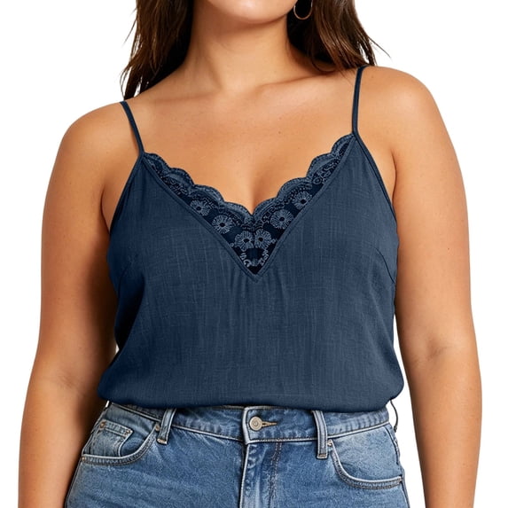 Perfectbot Women's Plus Size Lace Trim V-Neck Cami, Flowy Casual Spaghetti Strap Tank Top Sizes L-4X