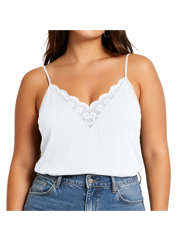 Women's Plus Size Lace Trim V-Neck Cami, Flowy Casual Spaghetti Strap Tank Top Sizes L-4X