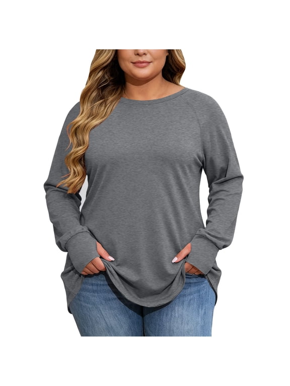 Women's Plus Size Long Sleeve T-Shirt Crewneck Raglan Loose Fit Thumbhole Soft Casual Tee L-4X