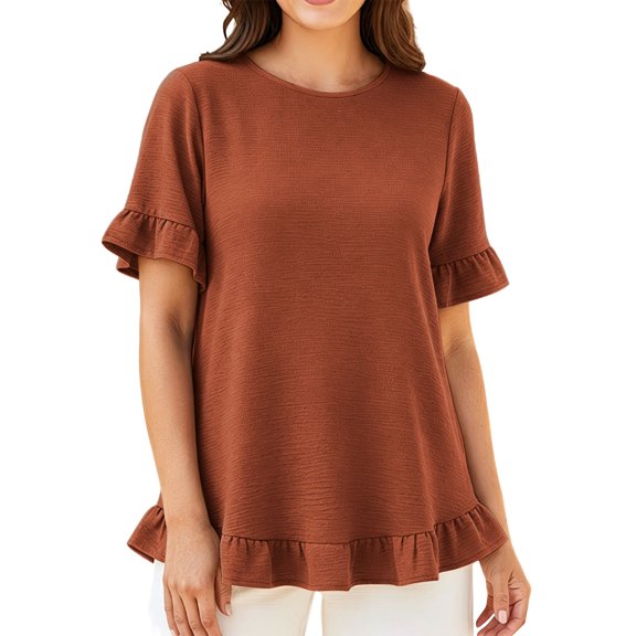 Perfectbot Women’s Plus Size Ruffle Hem Short Sleeve Blouse, Casual Crew Neck Loose Fit Flowy Shirt, Sizes XL-5XL