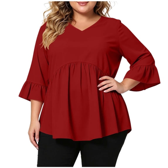 Perfectbot Women's Plus Size Ruffle Peplum Top, Sizes XL-5X, 3/4 Bell Sleeve V-Neck Flowy Tunic Blouse