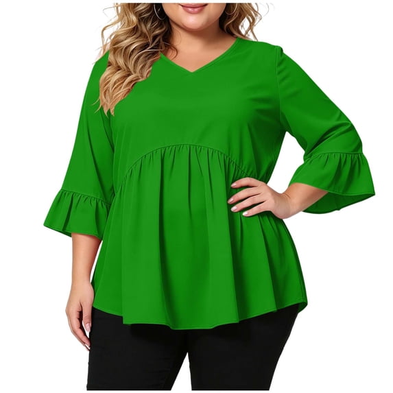 Perfectbot Women's Plus Size Ruffle Peplum Top, Sizes XL-5X, 3/4 Bell Sleeve V-Neck Flowy Tunic Blouse