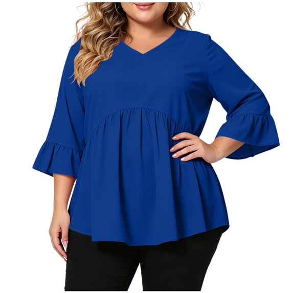 Perfectbot Women's Plus Size Ruffle Peplum Top, Sizes XL-5X, 3/4 Bell Sleeve V-Neck Flowy Tunic Blouse