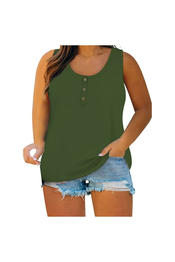 Women's Plus Size Sleeveless Top, Loose Fit Button Casual Tank & Blouse for Summer