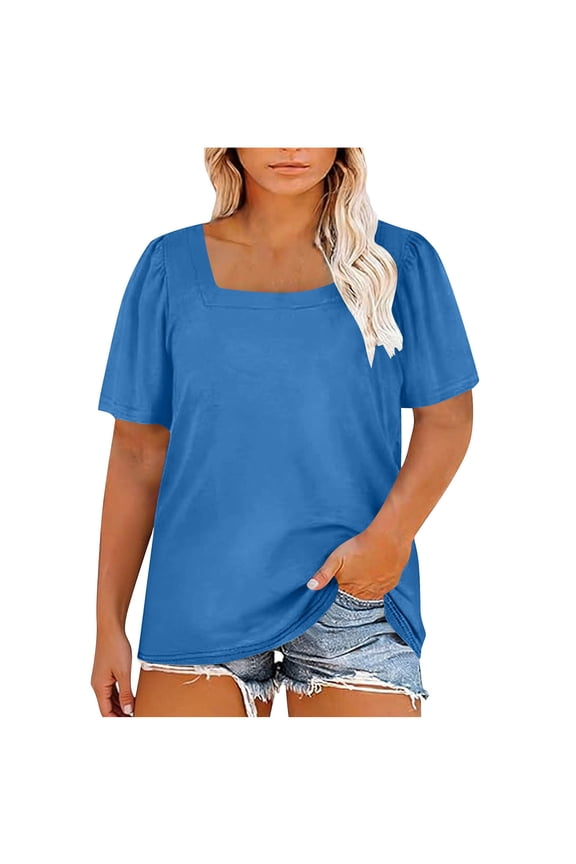 Women's Plus Size Square Neck Puff Sleeve T-Shirt, Casual Comfy Short Sleeve Blouse for Daily Wear