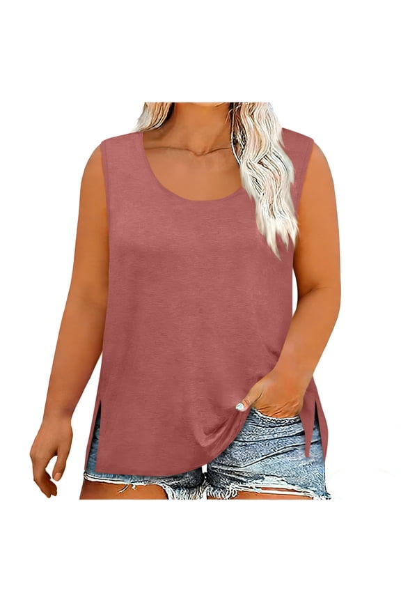 Women's Plus Size Tank Tops, Scoop Neck Side Slit Casual Tees, Summer Loose Fit Shirts
