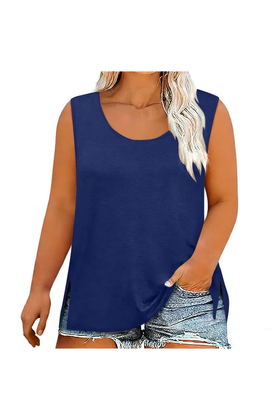 Women's Plus Size Tank Tops, Scoop Neck Side Slit Casual Tees, Summer Loose Fit Shirts