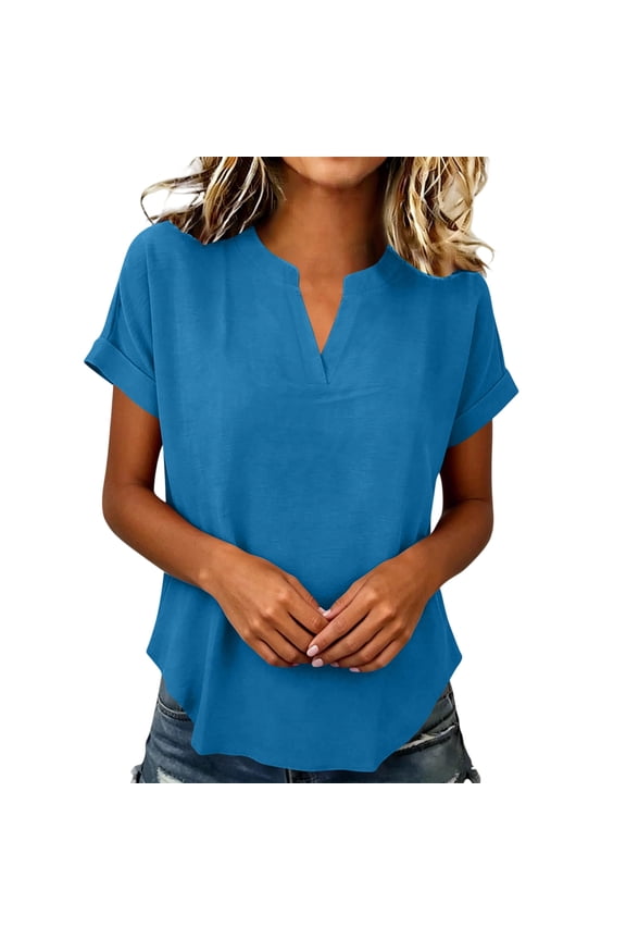 Women's Plus Size V-Neck Rolled Short Sleeve Tee, S-5X Casual Relaxed Fit Summer Pullover T-Shirt