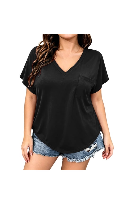Women's Plus Size V-Neck Short Sleeve Top with Pocket, Casual Loose Fit Dolman Tee, Sizes 1X-5X
