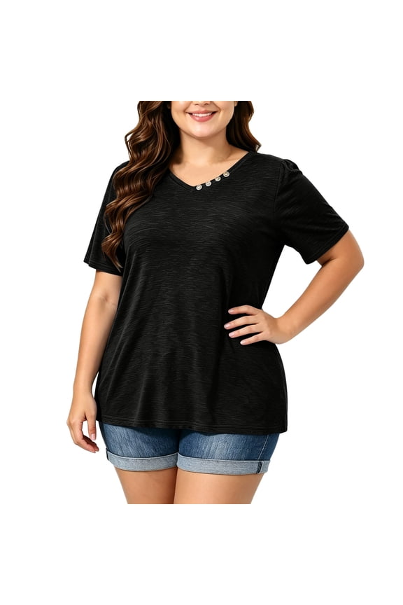 Women's Plus Size V-Neck T-Shirt, Casual Short Sleeve Top with Decorative Buttons, Comfortable Loose Fit Tee