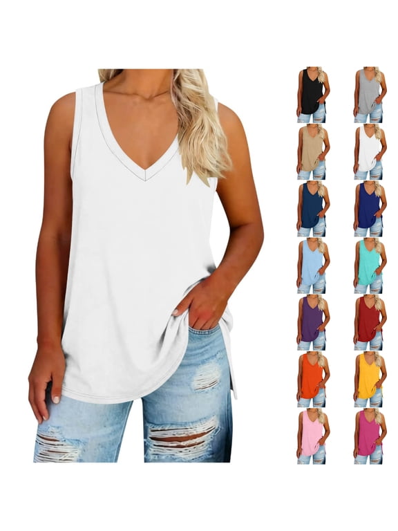 Women's Plus Size V Neck Tank Top, Sleeveless Side Slit Casual Tunic Summer Tops, Sizes 1X-5X