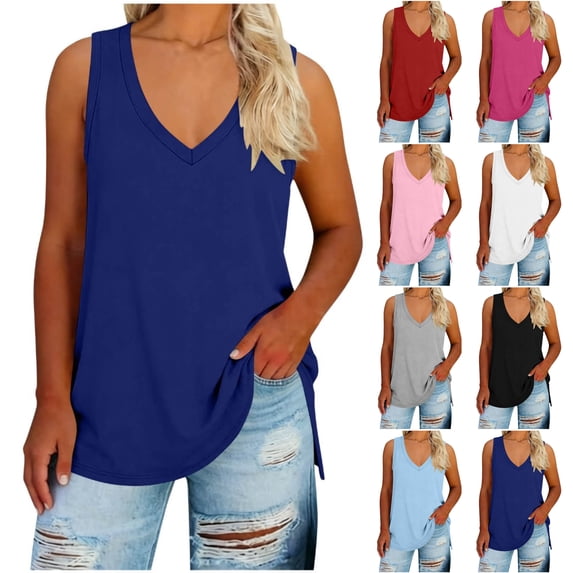 Perfectbot Women's Plus Size V Neck Tank Top, Sleeveless Side Slit Casual Tunic Summer Tops, Sizes 1X-5X