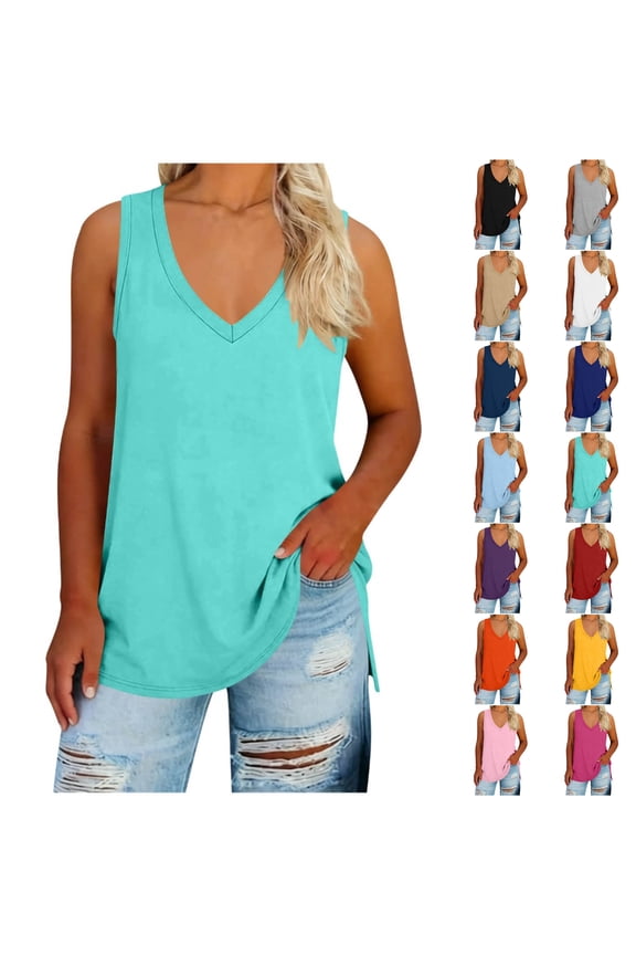 Women's Plus Size V Neck Tank Top, Sleeveless Side Slit Casual Tunic Summer Tops, Sizes 1X-5X