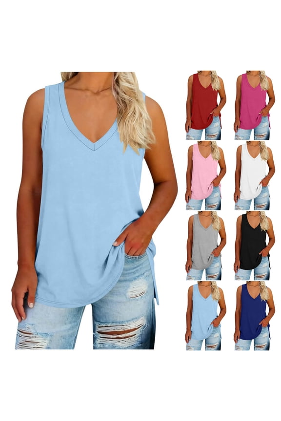 Women's Plus Size V Neck Tank Top, Sleeveless Side Slit Casual Tunic Summer Tops, Sizes 1X-5X