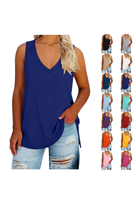 Women's Plus Size V Neck Tank Top, Sleeveless Side Slit Casual Tunic Summer Tops, Sizes 1X-5X