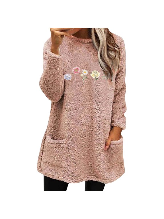 Women's Plush Fleece Long Sleeve Tunic Top Flower Print Front Pockets for Fall Winter Warm
