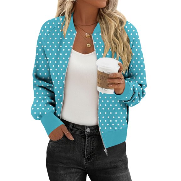 Perfectbot Women's Polka Dot Bomber Shacket - Zip Up with Pockets Spring Fall Casual Jacket