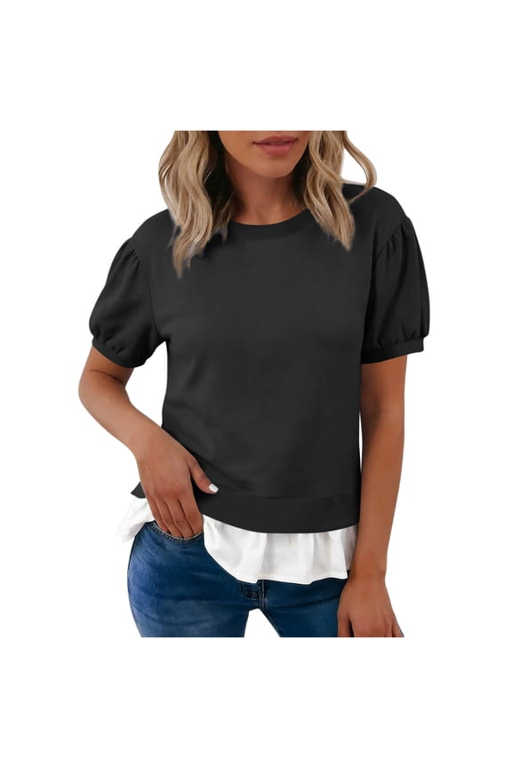 Women’s Puff Short Sleeve Layered Blouse Casual Round Neck Two-in-One Ruffle Hem Top Summer Trendy