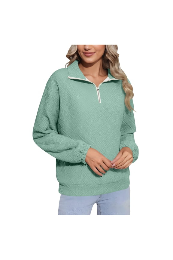 Women's Quarter Zip Sweatshirts - Quilted Long Sleeve Pullover with Lapel Collar, Casual Fall Top