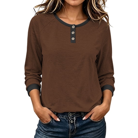 Perfectbot Women's Raglan 3/4 Sleeve Tee Contrast Trim Henley Neck Casual Fall Everyday T-Shirt