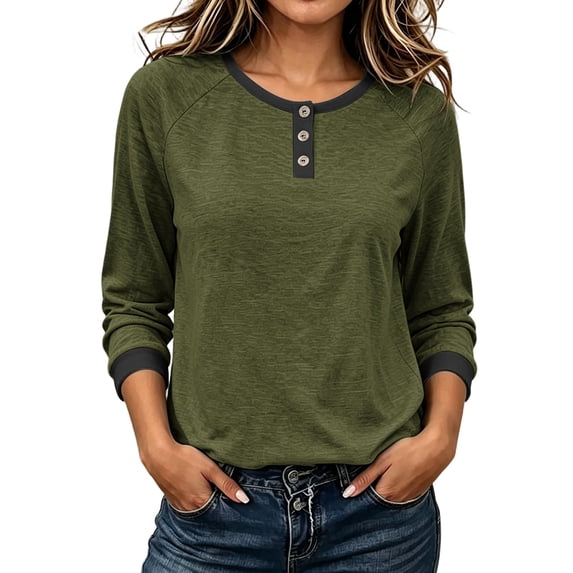 Perfectbot Women's Raglan 3/4 Sleeve Tee Contrast Trim Henley Neck Casual Fall Everyday T-Shirt