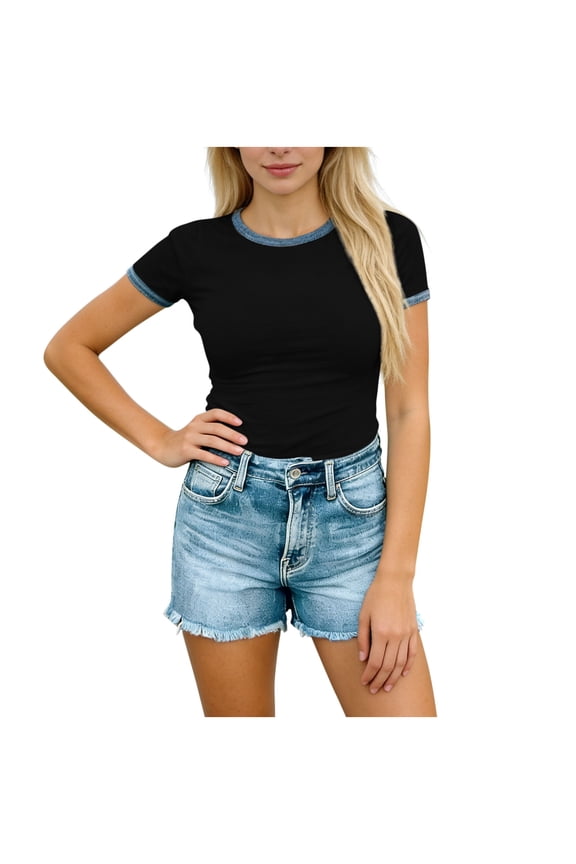 Women's Retro Ringer T-Shirt, Contrast Trim Crew Neck Slim Fit Short Sleeve Top, Comfy Casual Tee