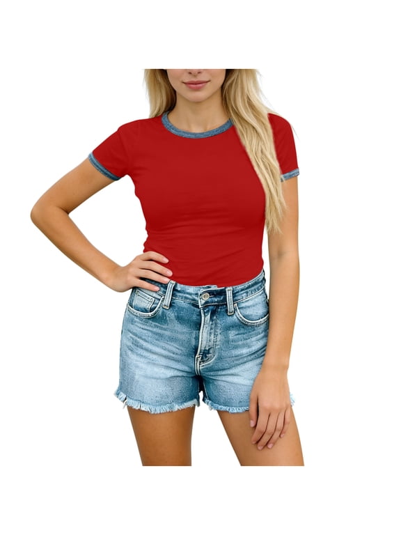 Women's Retro Ringer T-Shirt, Contrast Trim Crew Neck Slim Fit Short Sleeve Top, Comfy Casual Tee