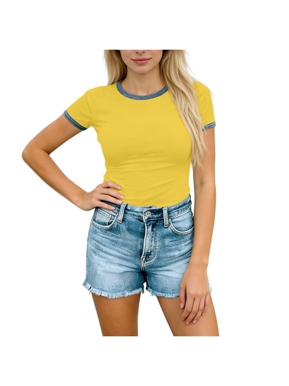 Women's Retro Ringer T-Shirt, Contrast Trim Crew Neck Slim Fit Short Sleeve Top, Comfy Casual Tee