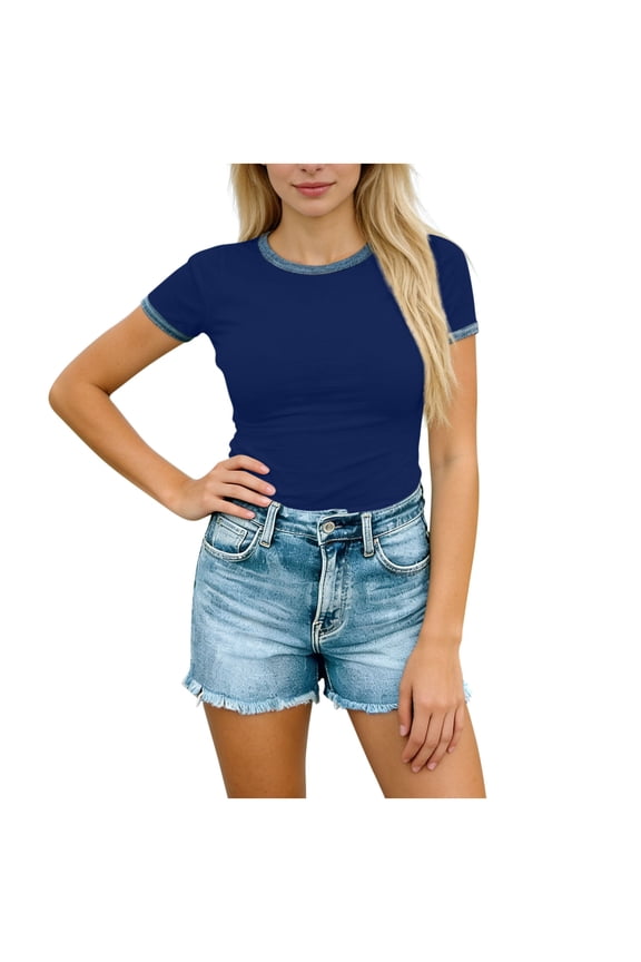 Women's Retro Ringer T-Shirt, Contrast Trim Crew Neck Slim Fit Short Sleeve Top, Comfy Casual Tee