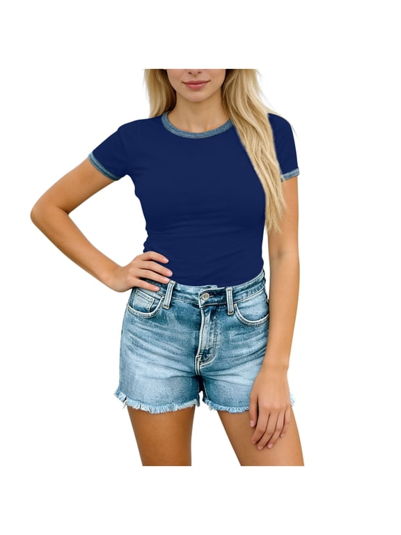 Women's Retro Ringer T-Shirt, Contrast Trim Crew Neck Slim Fit Short Sleeve Top, Comfy Casual Tee
