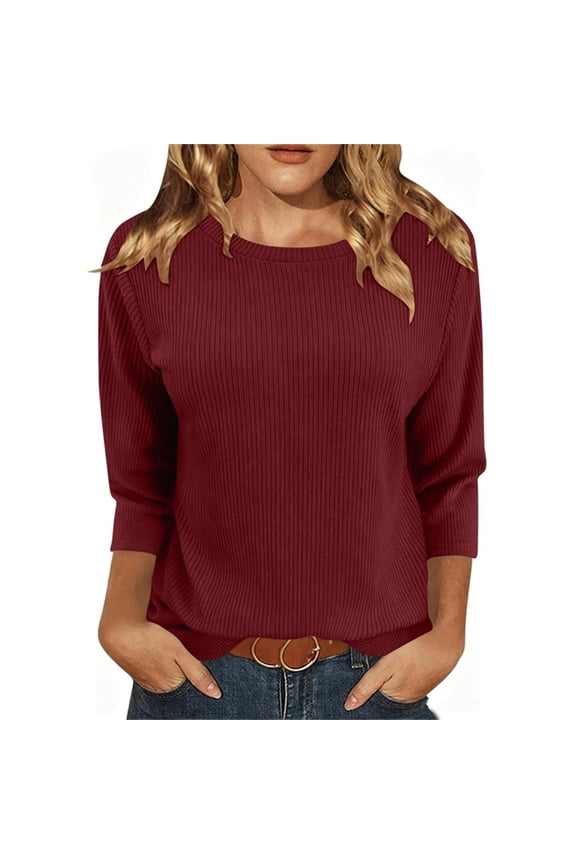 Women's Ribbed Crew Neck 3/4 Sleeve T-Shirt Basic Fitted Tee Solid Color Warm Fall Wear