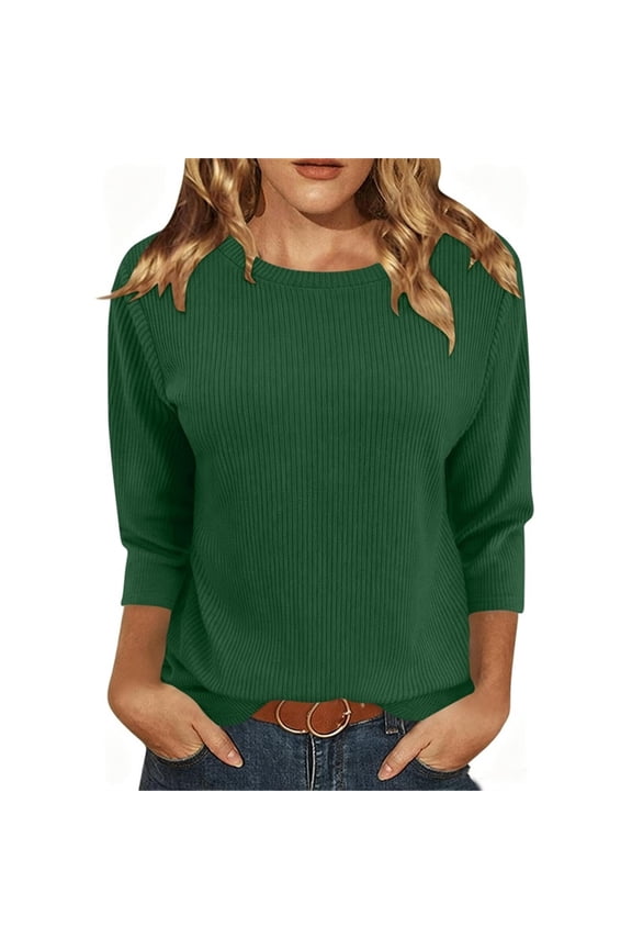 Women's Ribbed Crew Neck 3/4 Sleeve T-Shirt Basic Fitted Tee Solid Color Warm Fall Wear