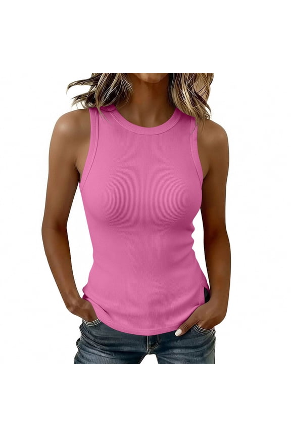 Women’s Ribbed Crew Neck Tank Top, Sleeveless Fitted Knit Cami, Casual Solid Color Basic Layering Shirt