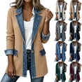 thumbnail image 1 of Perfectbot Women's Ribbed Knit Denim Trim Blazer Jacket, Long Sleeve Casual Jacket with Flap Pockets, 1 of 7
