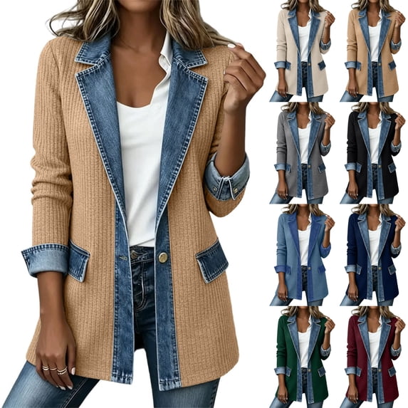 Perfectbot Women's Ribbed Knit Denim Trim Blazer Jacket, Long Sleeve Casual Jacket with Flap Pockets